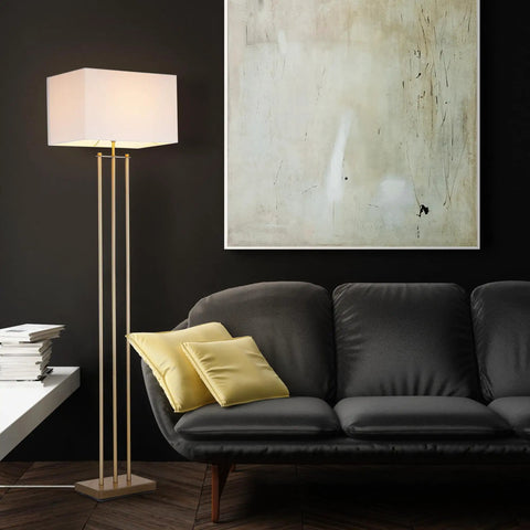 SoHo Floor Lamp 62 Inch In Matte Brass With White Linen Shade and Rotary Switch Tall Corner Reading Light