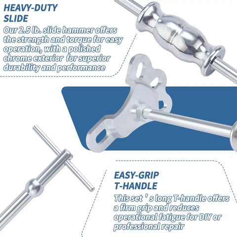 Close-up of Rear Axle Bearing Puller Tool Set with Slide Hammer Yoke, showing chrome finish and easy-grip T-handle.