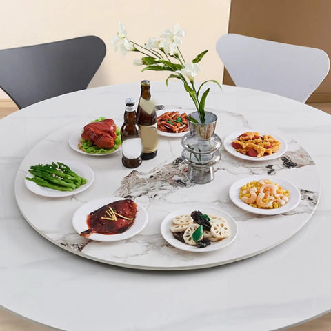 24 Inch Round Marble Lazy Susan Turntable With Tempered Glass Cover featuring dishes and drinks on a dining table
