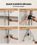 Installation instructions for JOMOO Waterfall Pull Down Kitchen Faucet, showing secure faucet and hose connections.