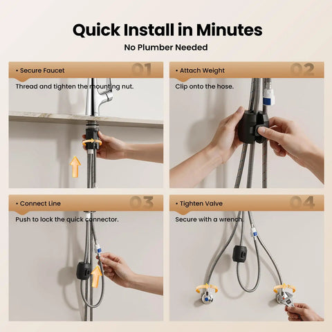 Installation instructions for JOMOO Waterfall Pull Down Kitchen Faucet, showing secure faucet and hose connections.