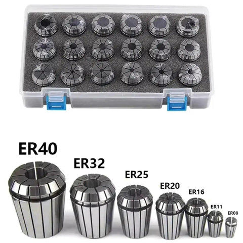 Precision ER11 To ER40 Collet Chuck Tool Holder Set With Tolerance As Low as Point Zero Zero Five mm, includes various sizes in a case.