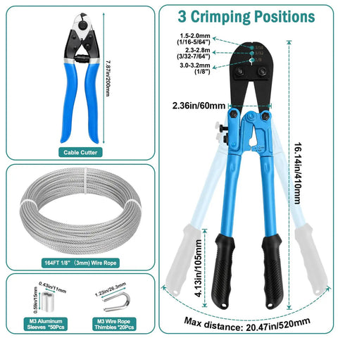1/8 Inch Stainless Steel Wire Rope Kit With 164 Foot Heavy Duty Cable And Complete Crimping Tool Set featuring cable cutter and aluminum sleeves.