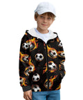 Boy wearing Boys Flame Soccer Print Full Zip Hoodie For Winter Running And Morning Recess Cozy Soft Lined Kids Sweatshirt Jacket Casual Long Sleeve Zip Up Outerwear
