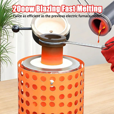 Close-up of 2000W electric furnace with removable crucible and molten metal, efficient for jewelry and metal casting.