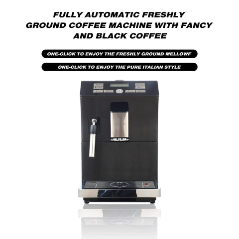 Skip The Line Top Tier Automatic Espresso Machine With Built In Bevel Gear Grinder And Fast Heating For Pulling Smooth Cafe Style Drinks Featuring One Touch Operation And 15 Bar Pump in sleek black design.