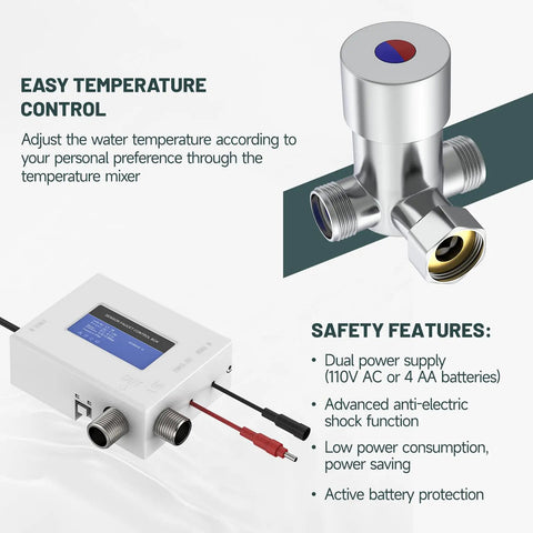 Touchless Bathroom Sink Faucet Automatic Motion Sensor Dual Power AC Or Battery With Control Box And Temperature Mixer