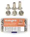 Kickass Chicago Screw Rivet Kit Seventy Five Sets For Leather Crafting And Bookbinding Heavy Duty Silver Metal Binders set with various sizes
