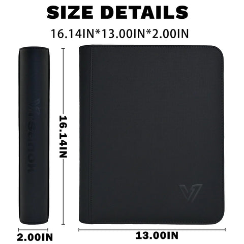 9 Pocket Top Loader Card Binder for Trading Cards, Holds 324 3x4 Top Loaders, dimensions indicated, closed view