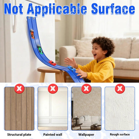 Child playing with 20 Foot Flexible Race Track Toy Kit With Four Race Cars And Suction Cups Rolls Up Portable DIY Anti Gravity Track Set For Kids Blue Ideal For Epic Hills Easy Setup Indoor Or Outdoor Play on unsuitable surfaces shown.