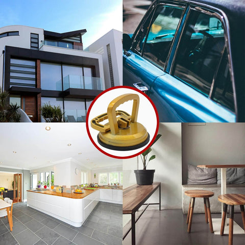 Collage featuring Workhorse Heavy Duty Aluminum Suction Cup with Handle for Glass and Tile Lifting, ideal for various surfaces.