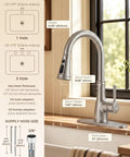 Vintage Kitchen Faucet With Pull Down Sprayer In Brushed Nickel Finish showcasing dimensions and features next to a window.