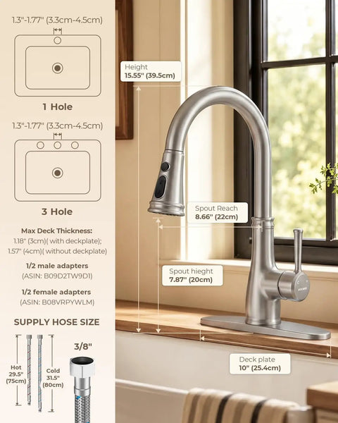 Vintage Kitchen Faucet With Pull Down Sprayer In Brushed Nickel Finish showcasing dimensions and features next to a window.