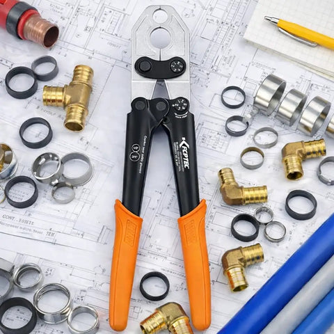 PEX Crimping Tool Kit For One Half And Three Quarter Inch PEX B Pipe With Copper Crimp Rings Tubing Cutter Go No Go Gauge Forged Steel ASTM F1807 Compliant