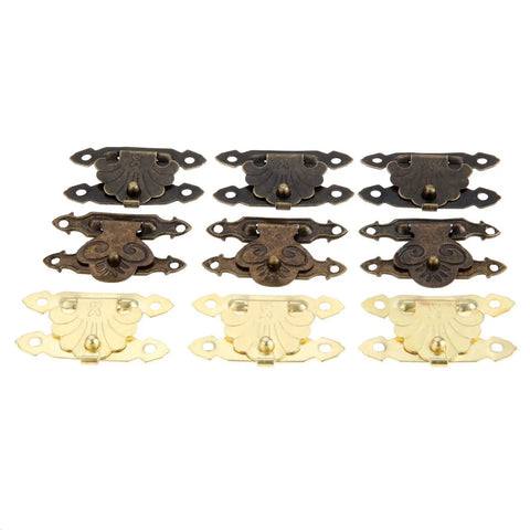 Antique Brass Gold Wood Hasp Lock Set 10Pcs Decorative Latch for jewelry boxes and furniture, retro style bronze and gold options.