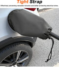 Universal EV Charger Cover No Sweat Waterproof Rain And Snow Protection Rock Solid Magnetic Grip Double Sided Shield For All Electric Vehicles on charging port with a tight strap.