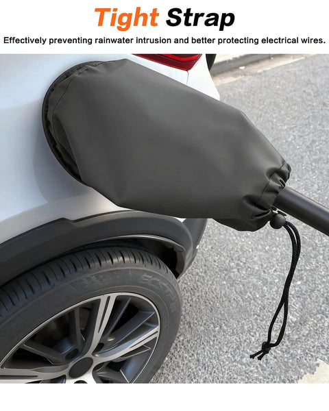 Universal EV Charger Cover No Sweat Waterproof Rain And Snow Protection Rock Solid Magnetic Grip Double Sided Shield For All Electric Vehicles on charging port with a tight strap.
