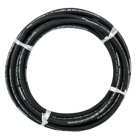 Hydraulic hose coil, 1/2 in ID, black rubber with steel braid, 50 ft, 5000 psi max