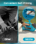 Side-by-side comparison of Go Anywhere Cordless Water And Diesel Transfer Pump showing self-priming feature in use