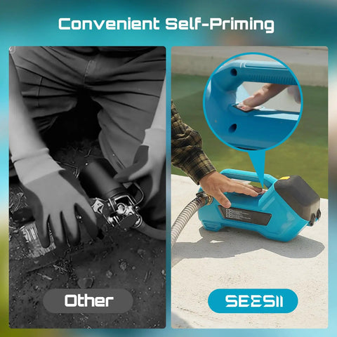 Side-by-side comparison of Go Anywhere Cordless Water And Diesel Transfer Pump showing self-priming feature in use
