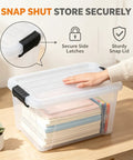 32 Quart Clear Plastic Storage Bins With Easy Snap Lids Stackable Home Organization Totes For Closet Bedroom Garage showing secure lid and contents.