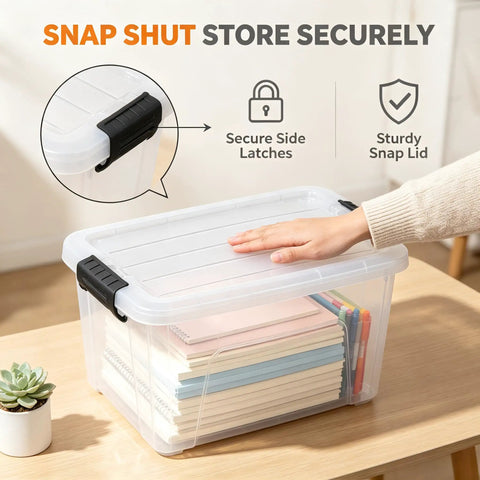 32 Quart Clear Plastic Storage Bins With Easy Snap Lids Stackable Home Organization Totes For Closet Bedroom Garage showing secure lid and contents.