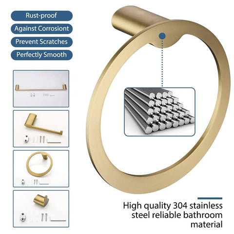 4 Piece Brushed Gold Stainless Steel Bathroom Hardware Set, Wall Mounted, Rust Proof SUS304, product details view