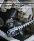 Three Eighths Inch Drive Deep And Standard Universal Impact Socket Set in use, 360° flex socket head accessing tight spaces, CR-MO steel.
