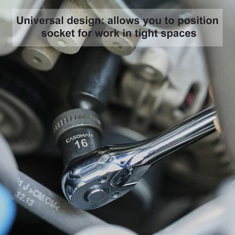 Three Eighths Inch Drive Deep And Standard Universal Impact Socket Set in use, 360° flex socket head accessing tight spaces, CR-MO steel.