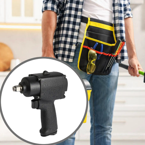 Compact Mini Pneumatic Impact Wrench Featuring Aluminum Alloy Chassis And Ergonomic Non Slip Handle in a tool belt.