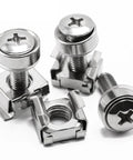 Badass 60 Pack M6 X 16mm Screws Square Cage Nuts Washers For Server Rack Cabinet Mounting Built Damn Tough Nickel Plated Steel Easy Install Heavy Duty Rack Gear, close-up of screws and cage nuts.