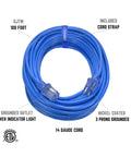 Blue 100 Ft Outdoor Extension Cord SJTW 14/3 With 3 Prong Grounded Plug And Power Indicator Light, coiled with cord strap