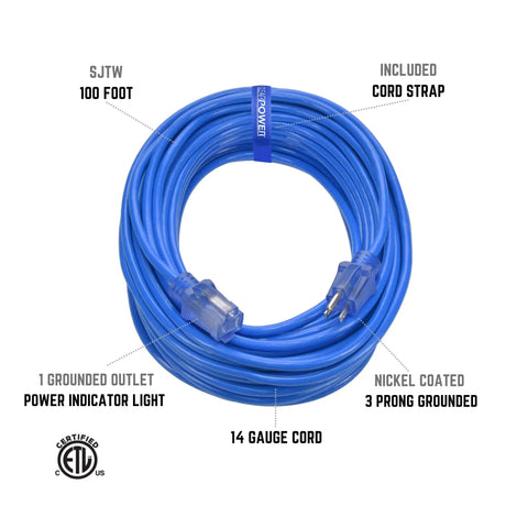 Blue 100 Ft Outdoor Extension Cord SJTW 14/3 With 3 Prong Grounded Plug And Power Indicator Light, coiled with cord strap