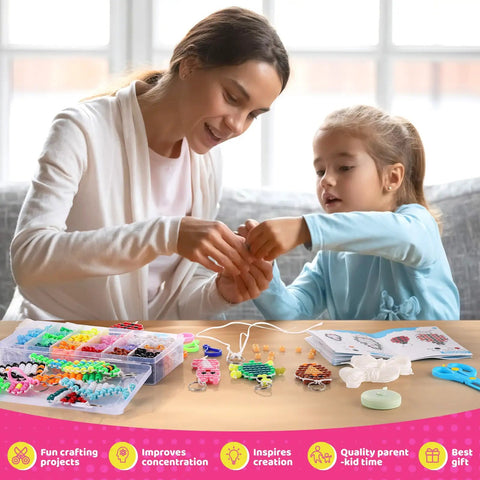 Mother and daughter using Beads For Crafts 1500 Beads Bead Kit With 30 Design Patterns for creative DIY keychains.