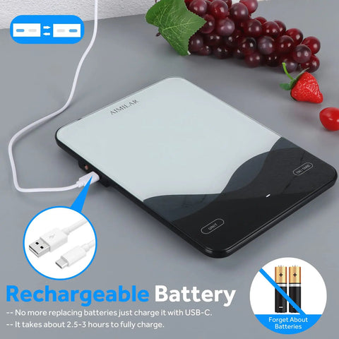 Digital Kitchen Scale 22lb 10kg USB C Rechargeable With Tempered Glass Top shown charging beside fruits