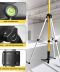 Close-up of Built Like A Tank Telescoping Laser Level Stand features, including bubble level and clamp for secure setup.