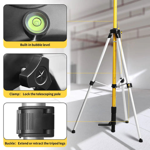 Close-up of Built Like A Tank Telescoping Laser Level Stand features, including bubble level and clamp for secure setup.