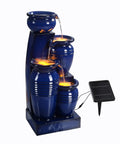 4 Tier Cascading Solar Powered Water Fountain With Navy Finish Illuminated By LED Lights Outdoor Garden Water Feature Featuring Four Jar Tiers