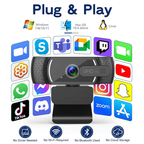 Next Gen 4K Webcam With Built In Mic For PC Streaming And Video Calls features plug & play compatibility with various apps.