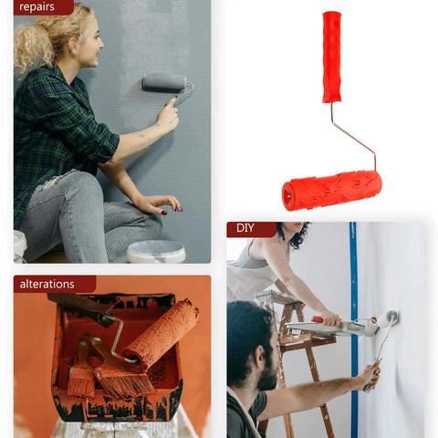 Heavy Duty Textured Rubber Paint Roller For Decorative Accent Walls DIY Hella Smooth Embossing Designs With Comfortable Grip Handle, red roller in use on wall.