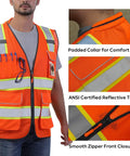 Heavy Duty Hi Vis Reflective Safety Vest For Men And Women Class Two High Visibility Work Vest With Badass Durability And Super Comfy Padded Collar For Job Sites in orange with padded collar and smooth zipper.