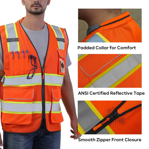 Heavy Duty Hi Vis Reflective Safety Vest For Men And Women Class Two High Visibility Work Vest With Badass Durability And Super Comfy Padded Collar For Job Sites in orange with padded collar and smooth zipper.