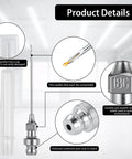 7 Piece Grease Gun Accessory Kit With 3 Grease Needle Nozzles, 1 Needle Dispenser, Rubber Joint Fitting, Bent And Straight Nipple Nozzles For Small And Confined Spaces, Great For Tight Spot Lubrication And Maintenance Jobs, featuring a close-up of fine needles and universal connection port details.