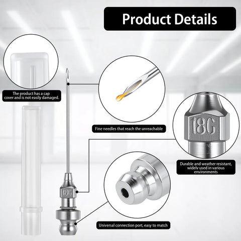 7 Piece Grease Gun Accessory Kit With 3 Grease Needle Nozzles, 1 Needle Dispenser, Rubber Joint Fitting, Bent And Straight Nipple Nozzles For Small And Confined Spaces, Great For Tight Spot Lubrication And Maintenance Jobs, featuring a close-up of fine needles and universal connection port details.