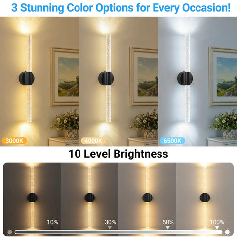 Black Battery Operated Wall Sconces Set of 2 Peel and Stick on, 20.9" showcasing 3 color temperatures, 10 brightness levels.