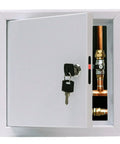 Heavy Duty Boss Grade 6X6 Inch Galvanized Steel Access Panel with secure lock and key open to show plumbing access.