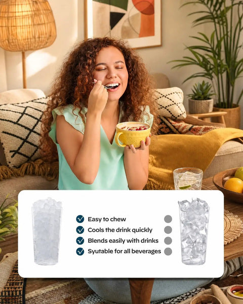 Person enjoying a bowl while sitting next to a glass of drink with ice, featuring Real Deal Chewable Nugget Ice Maker Countertop Self Cleaning Fast Freeze Pellet Machine Cranks Out Thirty Six Pounds Daily Compact Black Gizmo Built For Kitchen Shelves Office Bars Or Summer Bashes.