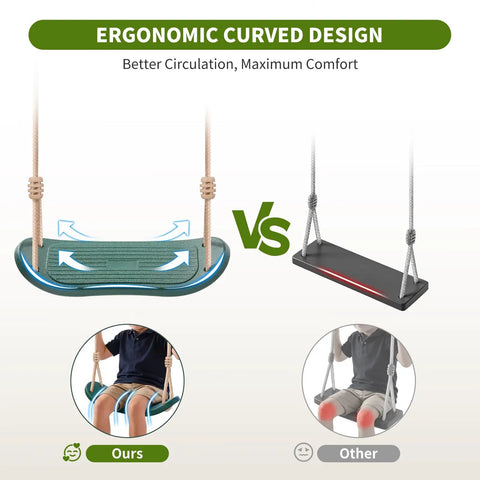 Comparison of ergonomic design of Weatherproof Kids Swing Seat with a flat surface swing showing seat benefits.
