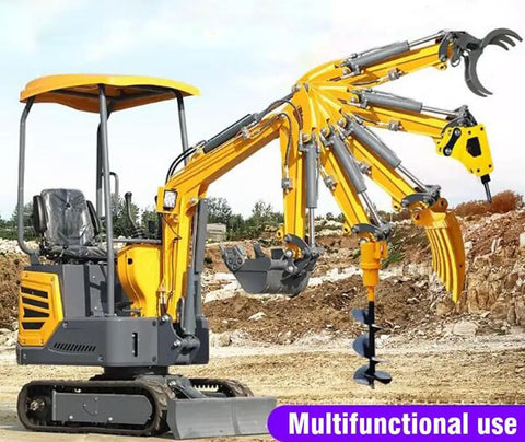 Fast Swap Quick Hitch For Mini Excavators And Backhoes, Fits 1 To 1.5 Ton Machines, multiple attachments on display at construction site