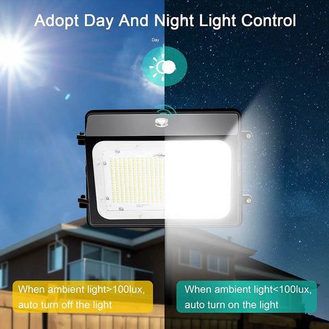 120W LED Wall Pack Light with Dusk to Dawn Photocell IP65 shown on house illustrating day-night function